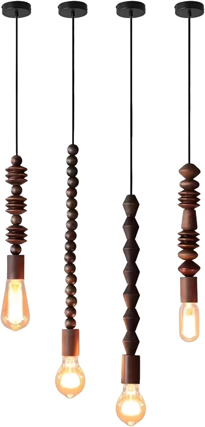Mini Wood Beaded Pendant Light Antique Rustic DIY Bead Chandelier for Bedroom, Kitchen Island, Girl Room 1 Set 4 Pcs Solid Wood Hanging Lamp Japanese Farmhouse Hanging Lighting