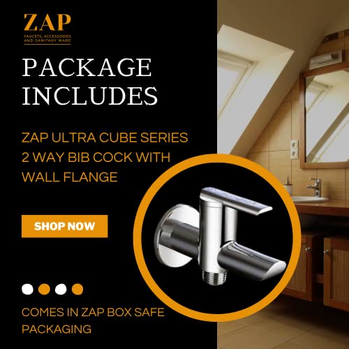 Image of Zap Ultra Cube Series Brass 2 Way Bib Cock with Wall Flange for Home, Kitchen and Bathroom