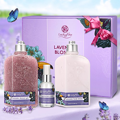 Luckyfine set da bagno prodotti per la cura del corpo di lavanda, gel doccia, crema per il corpo, spray, regalo di vacanza migliore, Natale