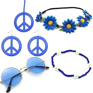 Accesorios Hippie Costume Set Juego De Disfraz Hippie Retro Suministros de Fiesta Conjunto De Disfraces De Hippie Incluir Gafas Vintage Diadema Signo de la Paz Collar Pendientes para Mujer