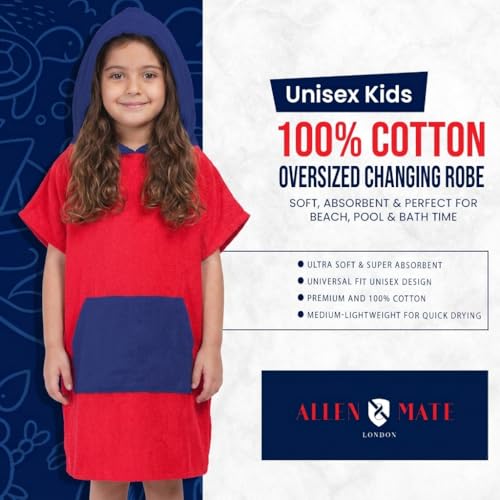 Image of ALLEN & MATE 100% Cotton Kids Hooded Surf Poncho Changing Robe, Quick Absorbent Wearable Swim Towel Boys & Girls, 6-13 Years