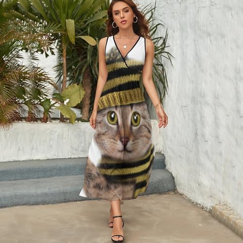 Robe d'été sans manches imprimé chat avec écharpe et coupe maxi fluide - 3