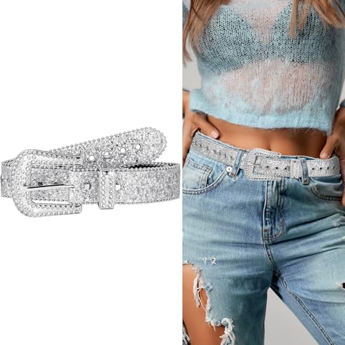 Western Cowboy Style Rhinestone Belts for Women, Western Cowgirl Sparkly Silver Leather Sequin Belts Luxury Bling Diamond Crystal Studded Belt for Jeans Pants Dress(40.94×1.50 Inches) 7