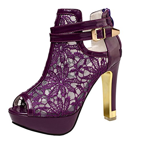 getmorebeauty Women's Pretty Lace Flowers Open Toes High Heels Ankle Boots (9, Purple)