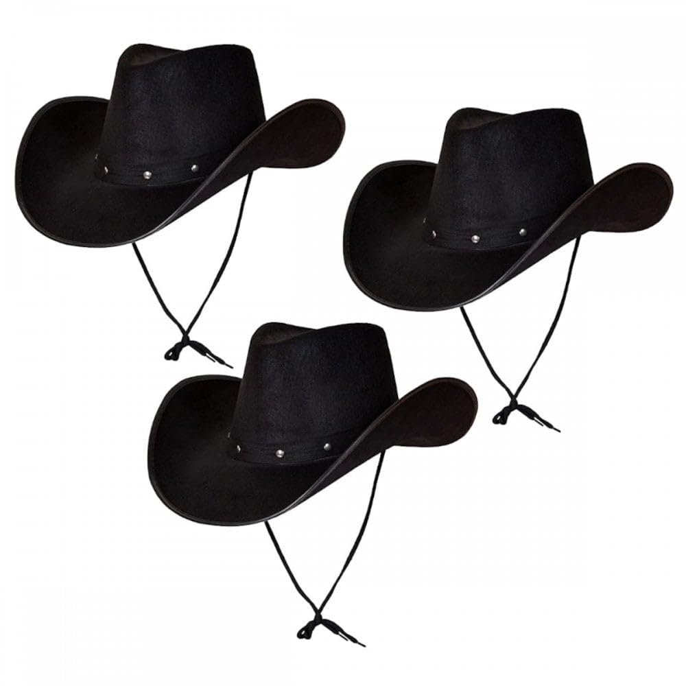 Titch & Timbo Texan Cowboy Cowgirl Hat 3 Pack (Multiple Options) : Adult Unisex Fancy Dress Party Accessory Country Western Rancher Rodeo Wild West Music Festival (Black (3))