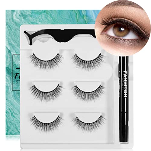 Eye Lashes Sets Pack Natural False Eyelashes With Eyeliner Kit 3 Pairs FANXITON Eyelashes With 2-in-1 Eyeliner Strong Hold for Lashes