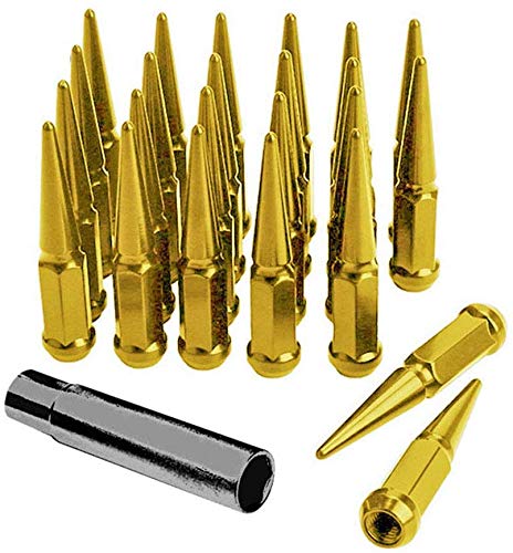 Limited Stock 24pc Spike Lug Nut 9/16-18 Gold 4.4" Tall Offroad Extended Metal Lugs Premium, 1 Socket Key Included