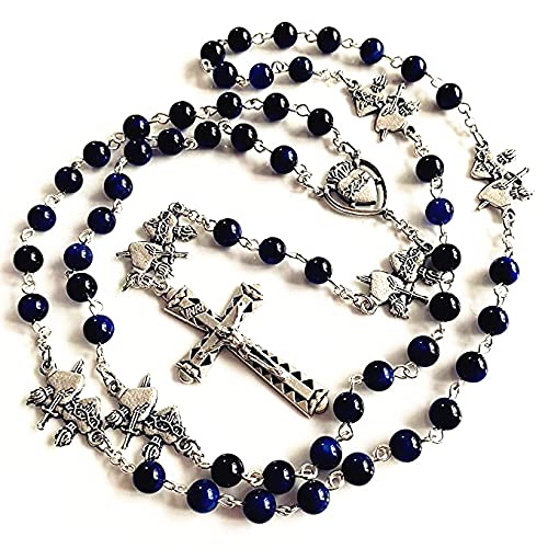 elegantmedical HANDMADE Blue Tiger Eye Beads & Holy Heart Prayer Beads ROSARY CROSS Crucifix Necklace box