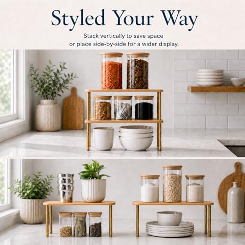 Ibyx Cabinet Organizer Set of 2 - Kitchen Pantry Organizers and Storage with Bamboo Top & Brass-Effect Metal Legs - for Kitchen Counter & Stackable Shelves for Cabinets with 22 lb Capacity - Natural - Image 4