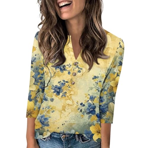 3/4 Sleeve Tshirts Shirts for Women V Neck Buttons Cute Casual Tops Hawaii Graphic Basic Blouses Loose Fit Pullover