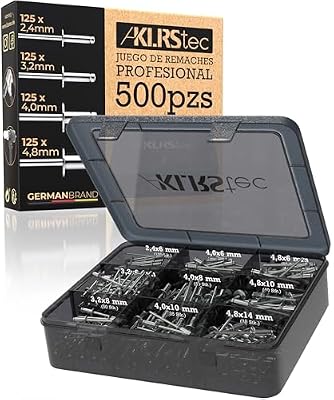 KLRStec Profesional Juego de Remaches Ciegos 500 Piezas de Aluminio y Acero para Remachadora – 125 Piezas de Cada Tamaño 2,4 mm, 3,2 mm, 4,0 mm y 4,8 mm