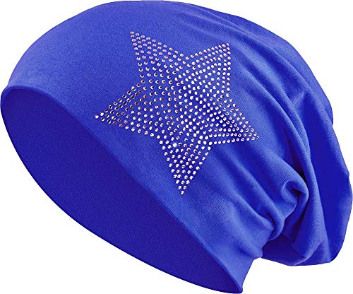 Balinco Strass Estrella Piedras Algodón Jersey elástico Larga Gorro Slouch Hombres Unisex Gorro Mujer Heather en 35 (2) - Azul Real, One Size