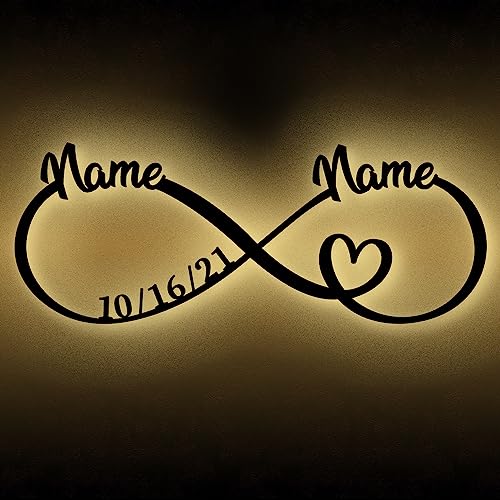 Urhome Unendlichkeitszeichen mit Herz Holz LED Warmweiß Stimmungslicht - Name Paar Datum personalisiert - Schlummerlicht Nachtlicht Liebes-Geschenk Wandleuchte für Braut zur Verlobung Hochzeitstag
