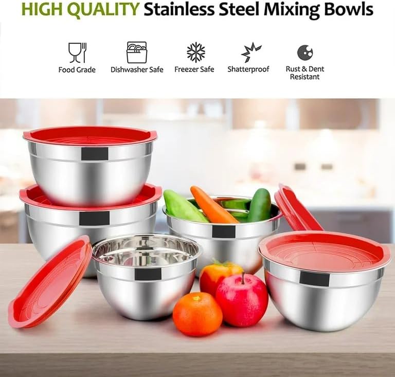 Mixing Bowls with Lids Set of 5, Stainless Steel Red Mixing Bowls Metal Nesting Bowls with Airtight Lids for Cooking, Baking, Serving