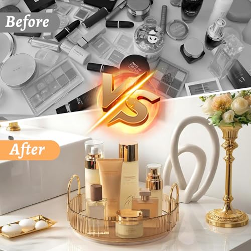 Make Up Kosmtik Organizer, 360° Drehbar Schminktisch Organizer, Multifunktion Schmink Aufbewahrungssystem Skincare für Dresser Schlafzimmer Badezimmer, 1 Schicht, Bernstein 4