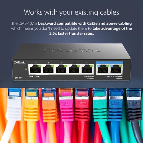 Image of D-Link 7-Port 2.5GB Unmanaged Gaming Switch with 2 x 2.5G, 5 x 10 /100 /1000 Mbps - Multi-Gig, Network, Fanless, Plug & Play (DMS-107) Black