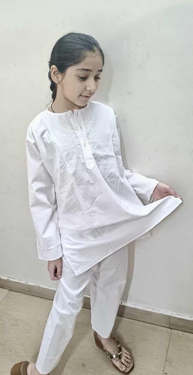 Trisav Cotton Embroided Kurta Pajama for Kids(Unisex) (White, 8-9 Years) 3