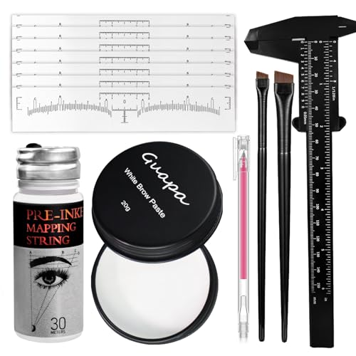 Kit de microblading pour sourcils avec fil de cartographie blanc de 30 m, pâte à sourcils blanche de 20 g, 2 pinceaux à sourcils, 10 pochoirs à sourcils et...