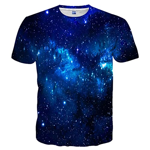 Linnhoy Graphic Tees for Men and Women Unisex 3D Printed Galaxy Shirts Blue Patterned Novelty T-Shirts Funny Space for Adults and Teens Colorful Cool Tops Short Sleeves Fashion Casual Sports Size XL