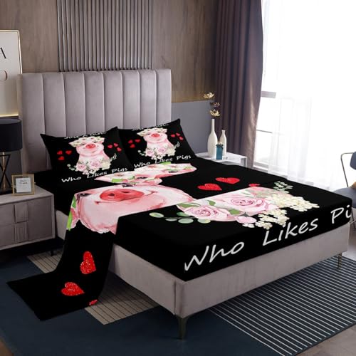 Feelyou Grils Pink Pig Bedding Set Cartoon Pigs Pattern Bedding Sheet Kawaii Animals Sweetheart Floral Print Bed Sheets for Children Kids Boys Microfiber Bed Sheet Set Room Decor Full Size