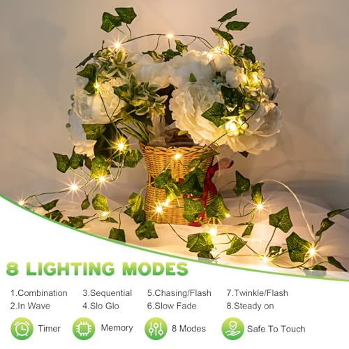 A.bigwhale Efeu Lichterketten mit Timer - Deko Frühling Innen Efeu Girlande Künstlich mit 2m 20 LED Lichterkette Akku 8 Modi USB Aufladbare Batterie, für Hochzeit Party Balkon Zimmer Aesthetic Decor