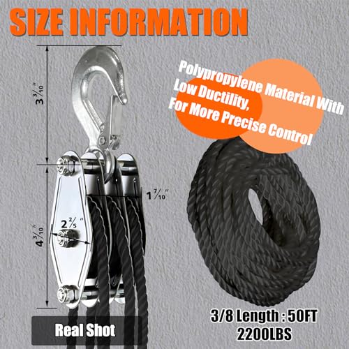 image for YATOINTO Rope Pulley Hoist 2200 LB, Pulley Block and Tackle System 6:1