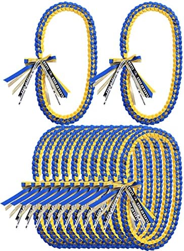 TFTAFAN Graduation Ribbon Lei Graduation Leis Necklace Class of 2023 Graduation Necklace Braided Necklace Graduation Gift Party Accessories for Women and Men (blue and yellow, 12)