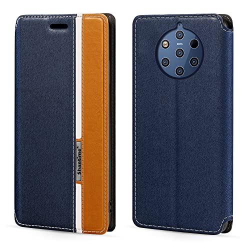 PU Leder Flip Hülle mit Farbakzent & Unsichtbarem Magnetverschluss Kompatibel mit Nokia 9 Pureview, Schlanke Modische Schutzhülle (Blau)