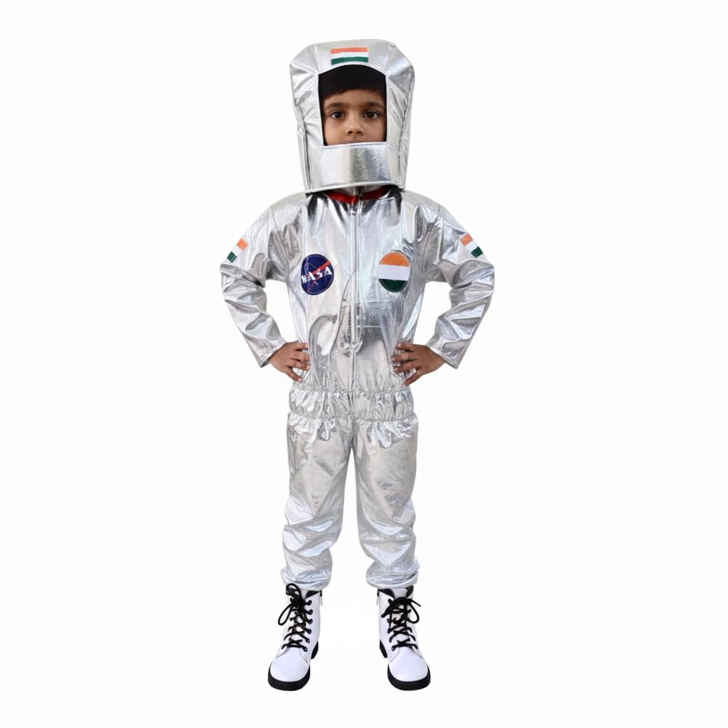 FANY Space Astronaut Costume for Kids, Silver Polyester Jumpsuit with Cap, Unisex Children's Dress Up Outfit, 2-Piece Set-image-28