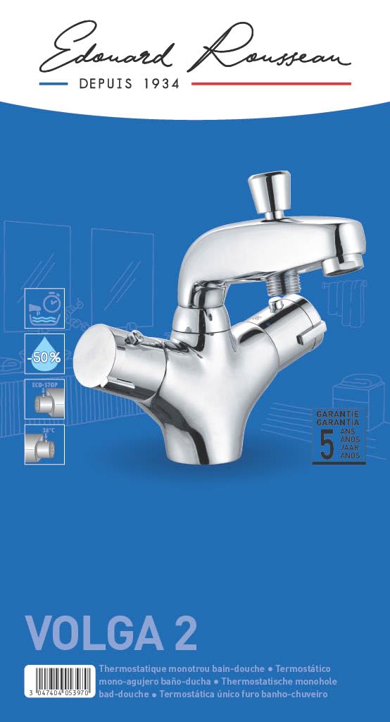 Edouard Rousseau - Mitigeur Thermostatique Bain-Douche Volga 2 - Remplissage Rapide, Sécurité Anti-Brûlure, Bouton Éco-Stop - 168 (Hauteur) x 134 (Saillie) mm - Chromé