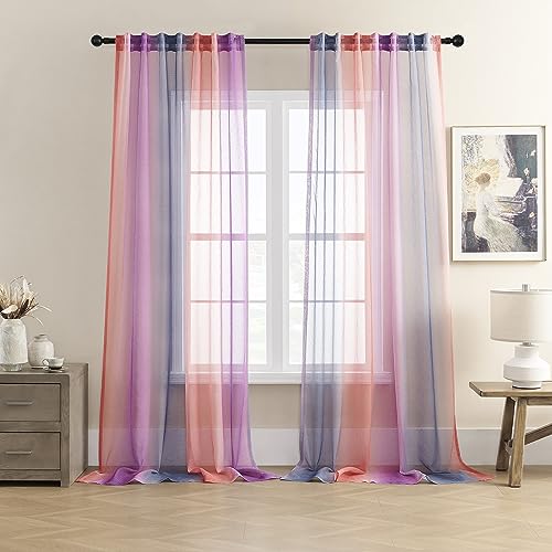 Image of XiDi Pink Green and Purple Sheer Curtains for Girls' Bedroom Decor,Rod Pocket Faux Linen Semi Voile Drapes,Ombre Window Pastel Curtains for Kids' Living Room,96 Inch Long 2 Panels