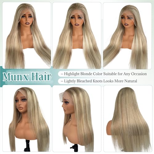 Image of Munx Long 30 Inch 13x6 Highlight Human Hair Wig Thick 180% Density Full Ends Balayage Ombre Brown to Blonde Glueless Lace Frontal Wigs Pre Plucked with Natural Hairline 100% Real Human Hair Wigs
