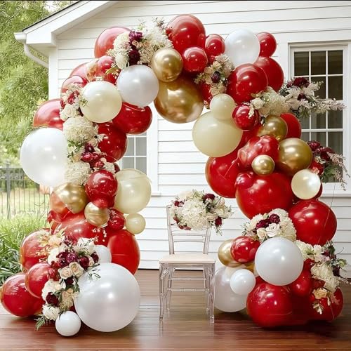 Image of Red White Gold Balloon Garland Double Stuffed Burgundy Red White Sand Pearl Balloon Arch Kit Maroon Wine Balloons for Birthday Bridal Shower Wedding Anniversary Graduation Party Decorations