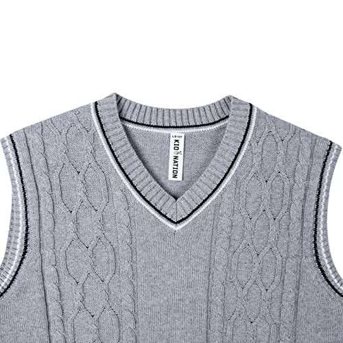 Kid Nation Boys Sweater Vest Cable Knit 100% Cotton Unisex Toddler Uniforms Vest For Big Boys Girls Childrens 7-8 Years Gray #TOP5