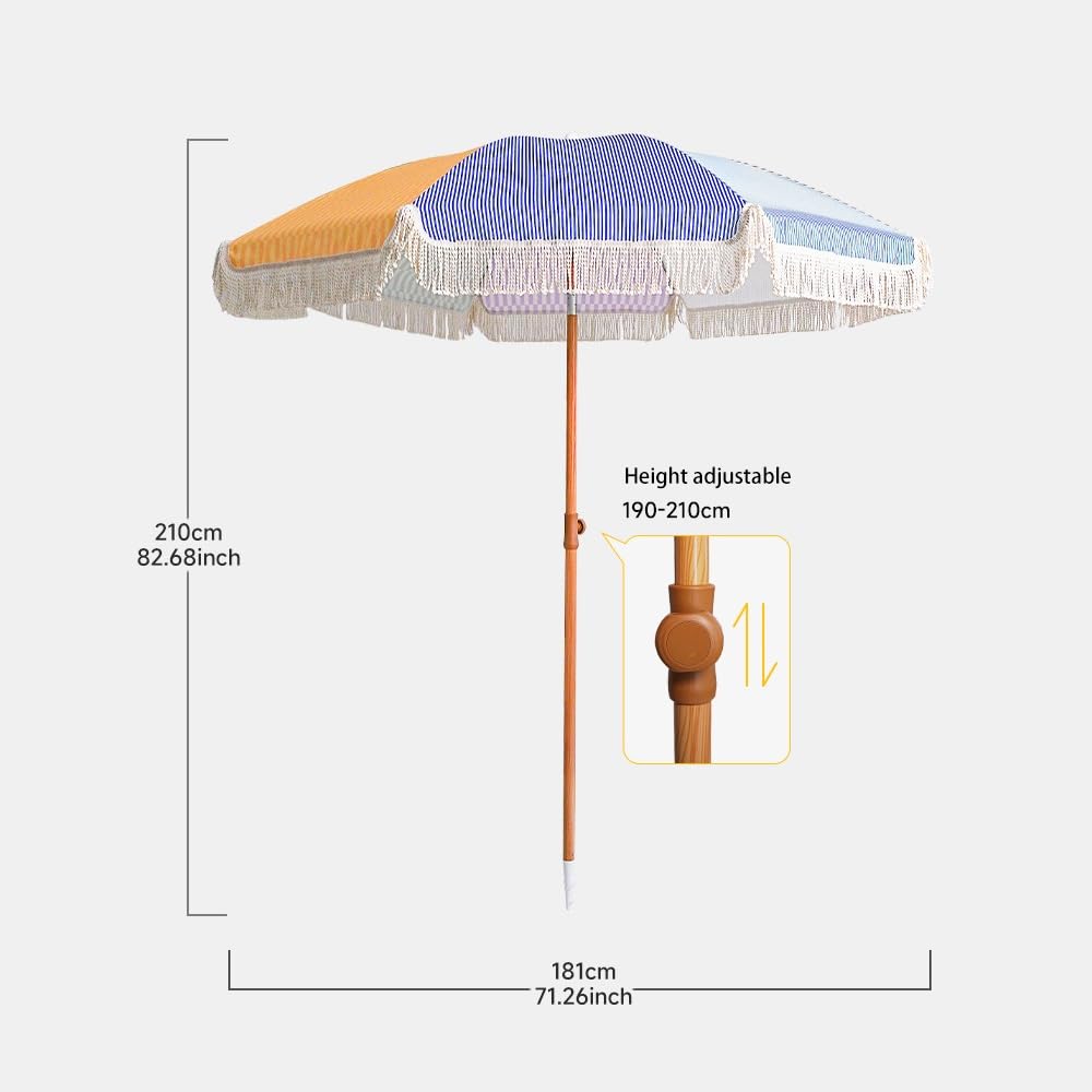 Bohema Parasol plażowy z frędzlami, 1,8 m, 8 żeber, ochrona przed promieniowaniem UV, składany, regulowany, pochylony parasol przeciwsłoneczny z frędzlami, na patio, do ogrodu, na dziedziniec