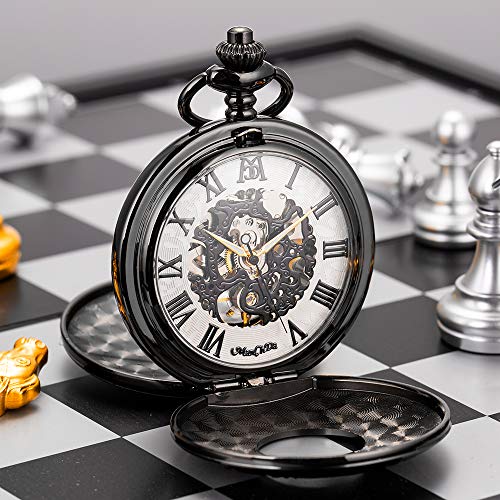 Image of ManChDa Mechanical Roman Numerals Dial Skeleton Pocket Watches with Box and Chains for Mens Women