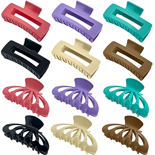 HAIRZY 12 Pack Large Hair Claw Clips for Thick & Thin Strong Hold Nonslip Jaw Big Clamps of 2 Styles with 6 Colors 4.27'' and 4.14'' - Styling Accessories- Clip Pack, Ivory,Green,Black,Purple