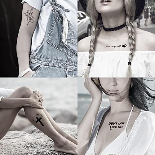 Image of 160+ PCS 74 Sheets Realistic Three Types Fake Temporary Tattoos, Include 40 Sheets Inspirational Quotes Words Tattoos, 22 Sheets Wild Flower Tattoos, 12 Sheets Small Flower Tattoo Stickers For Women