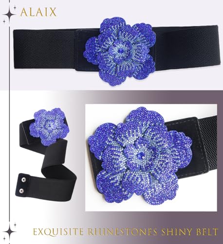 ALAIX Women's Belt Shiny Flower Buckle Bling Stretchy Wide Dress Belts for Women Sparkle Rhinestone Elastic Waistband4