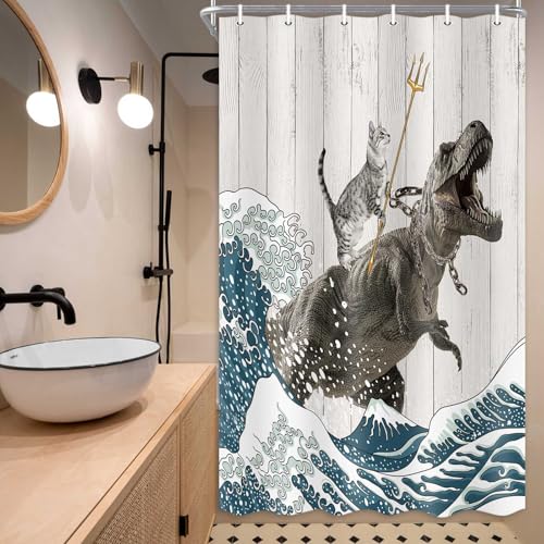 Image of Boziqr Funny Cat Shower Stall Curtain, Cool Cat Dinosaur Japanese Ocean Wave Decor Fabric Bathroom Curtains, Kids Children Rustic Wooden Farmhouse Shower Curtain, 36 X 70 Inches