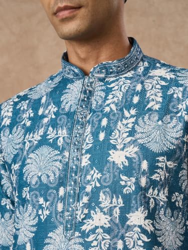 Image of Manyavar Men's Cotton Blend Floral Print Full Sleeves Long Kurta Pyjama Set (2pcs)