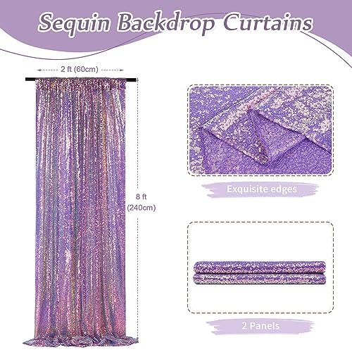 Image of Mermaid Purple Sequin Backdrop Curtain 2 Pieces 2ftx8ft Sparkly Stage Backdrop Drapes for Christmas Party Decoration Birthday Party Cake Table Background