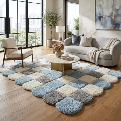 Image of SWEET HOMES Irregular Carpet Handwoven Shaggy Checkered Area Rug | Ultra Soft Plush Anti-Skid Backing, 12 x 15 Feet (366 x 457 cm), Blue & Grey