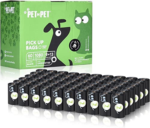 PET N PET 犬用ウンチ袋 USDA認証 38% バイオベース ペット用ゴミ袋 無香料 ブラック 1080カウント 60ロール 犬と猫のウンチ袋 - 9x13インチ