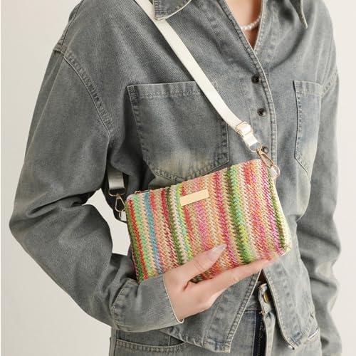 Bolso tote de paja para mujer, con rayas arcoíris, informal, para playa, hombro y cruzado, verano y vacaciones miniatura 4