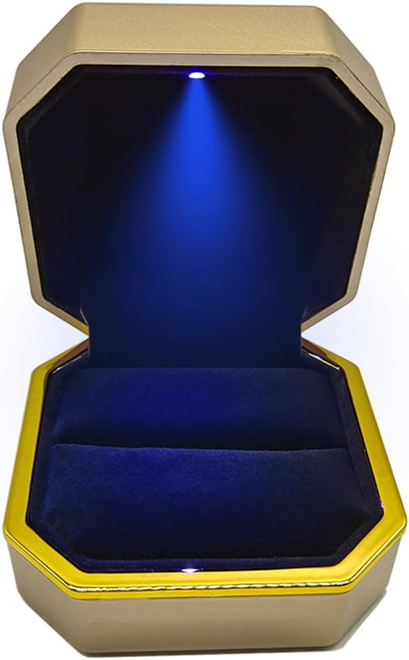 GBYAN Ring Box with LED Light Plastic Jewelry Display Gift Box for Proposal,Engagement, Wedding, Gold