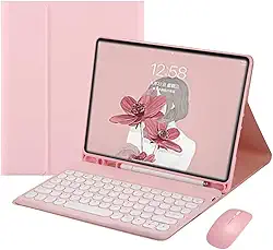 Estojo de teclado para iPad 9ª/8ª/7ª geração, teclado para iPad 10.2'' com mouse Teclado redondo bonito destacável com porta-lápis (iPad 9/iPad 8/iPad 7(10.2 inch), Rosa)