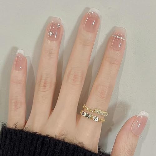 ホワイトフレンチ プレスオンネイル ショートスクエア フレンチチップ ネイルシール ラインストーン付き 手作り 人工爪 再利用可能 貼り付けネイル 女の子と女性用 10枚入り (Pink, S)