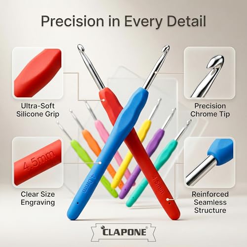 Image of CLAPONE Crochet Hooks Set 2.0mm-5.5mm, Soft Grip Silicone Handle Knitting Needles for Beginners & Professionals, Color-Coded Crochet Needles for Yarn Craft, DIY & Weaving (Multicolor, Set of 8)