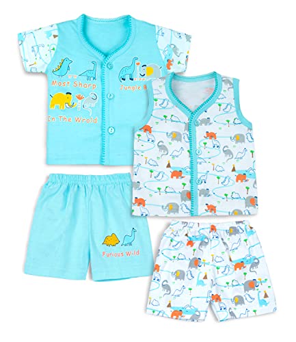 Image of mustmom Newborn Baby Cotton Jhabla Set | 0-3 Months | Combo of 1 T-Shirt, 1 Vest & 2 Shorts | Soft Breathable Summer Wear for Boys & Girls